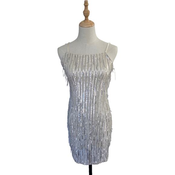 NWT Francesca's Champagne Sleeveless Sheer Net Fringe Sequin Party Club Dress S - Picture 1 of 11